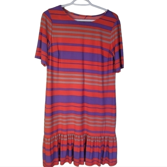 DONNA Morgan Dress Size 12 Orange Striped Shift Knee Length Short Sleeve - Picture 1 of 7